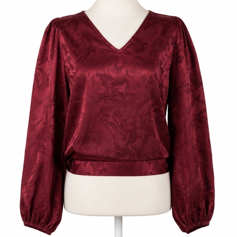 LUCCA Jacquard Satin Floral Wine Blouse Bow Tie M Coquette Fairy Dark Academia - Picture 2 of 15